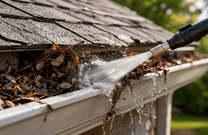 Water jet flushing leaves out of a roof gutter.
