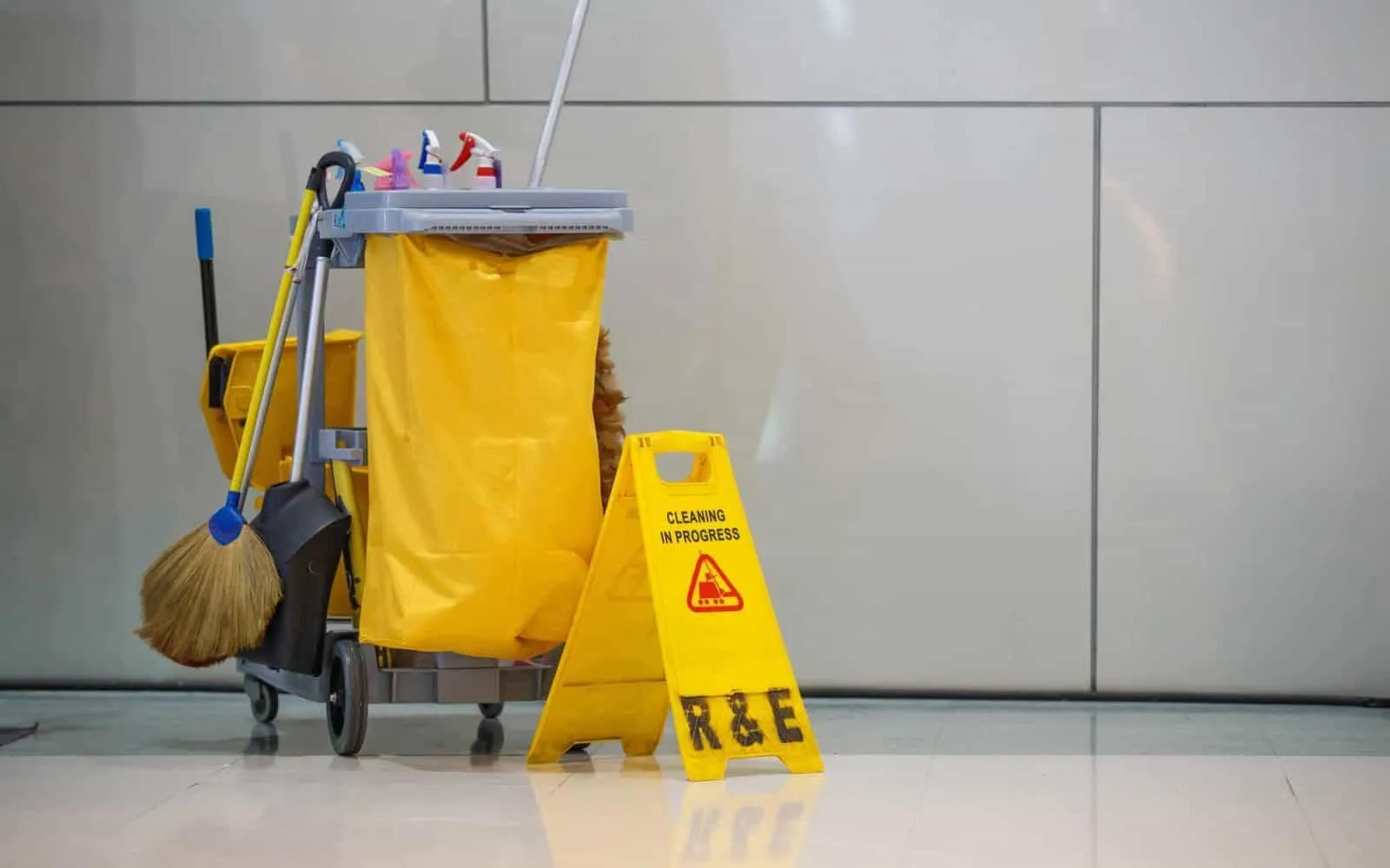 Cleaning supplies and equipment for janitorial services in commercial spaces.