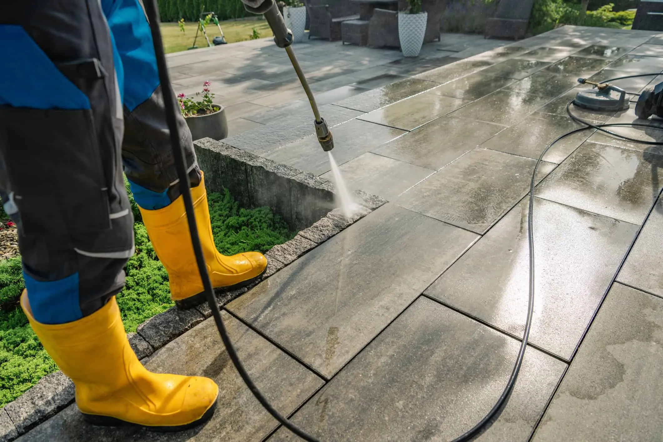 Pressure washing a stone patio with a high-powered wand.