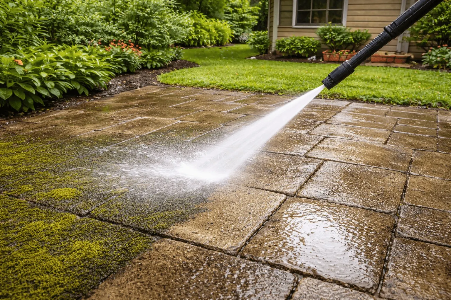 Power washing patio with high-pressure water for deep cleaning and stain removal.