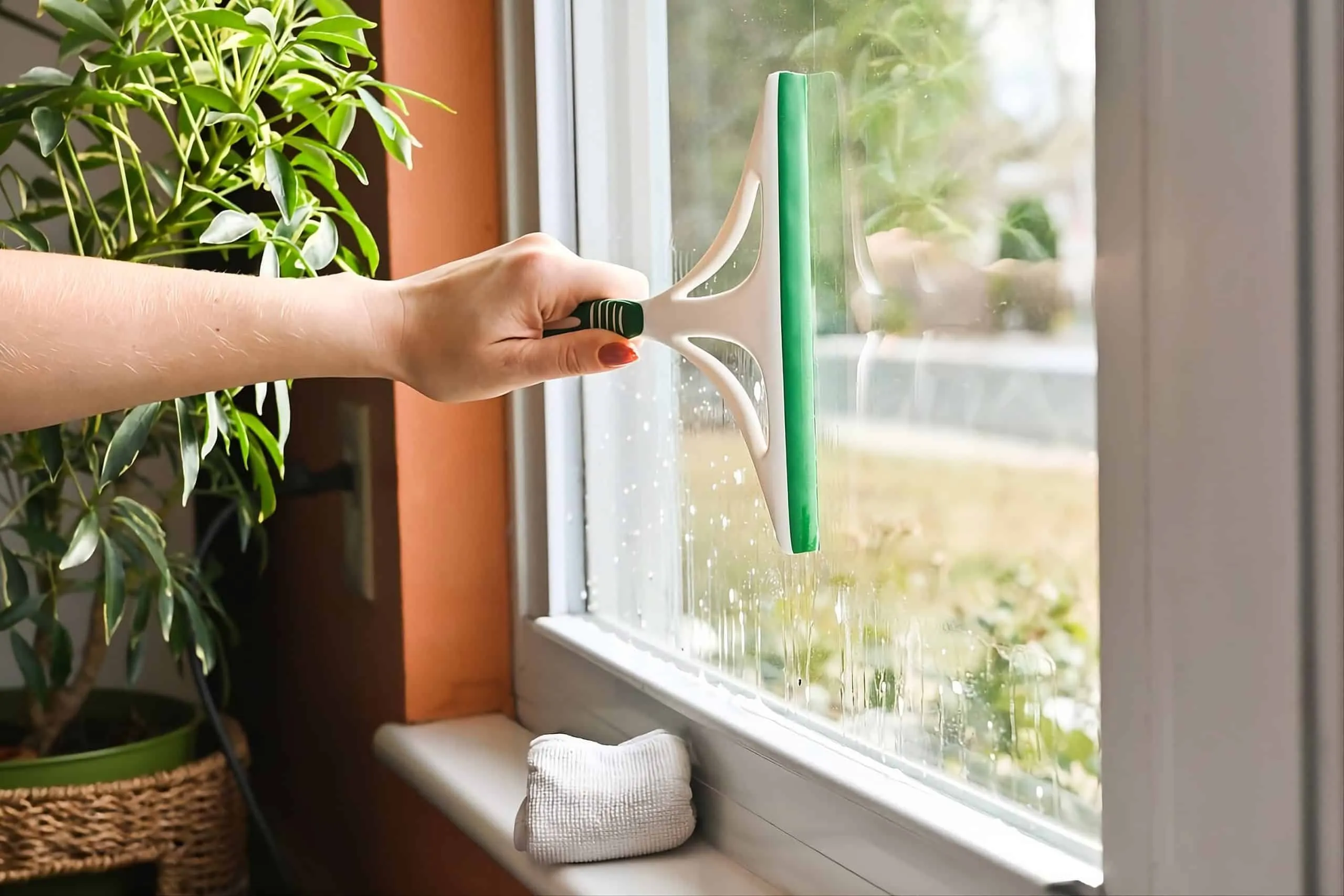 Squeegee clearing soapy water from a window pane.