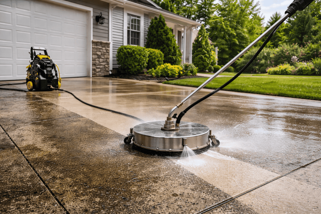 Pressure washing driveway with professional equipment for a spotless, refreshed exterior surface.