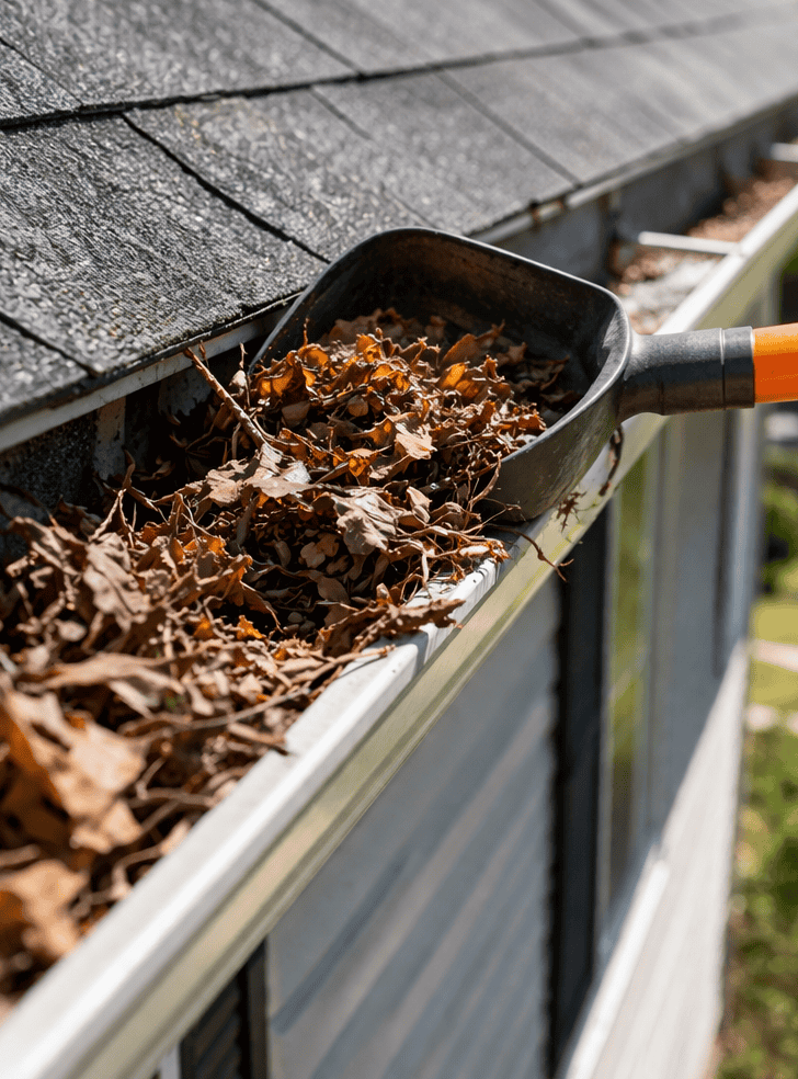 Gutter cleaning with a scoop removing leaves from the gutter system.