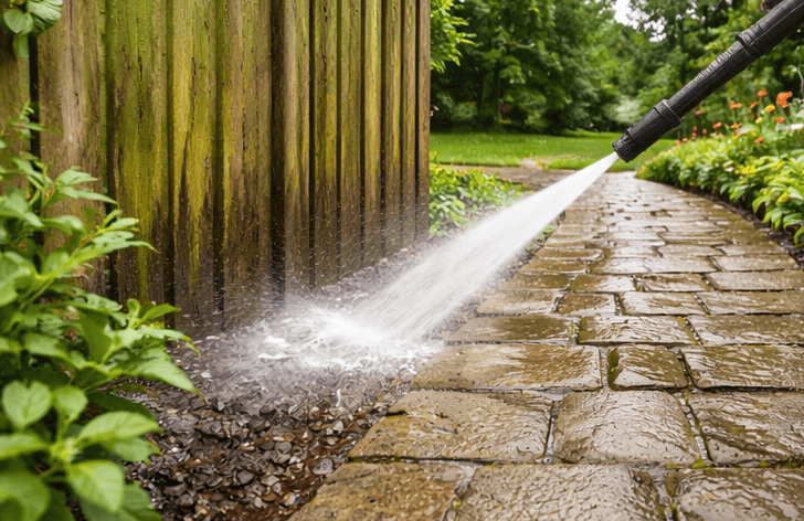 High-pressure water spray cleaning outdoor surfaces and pathways.